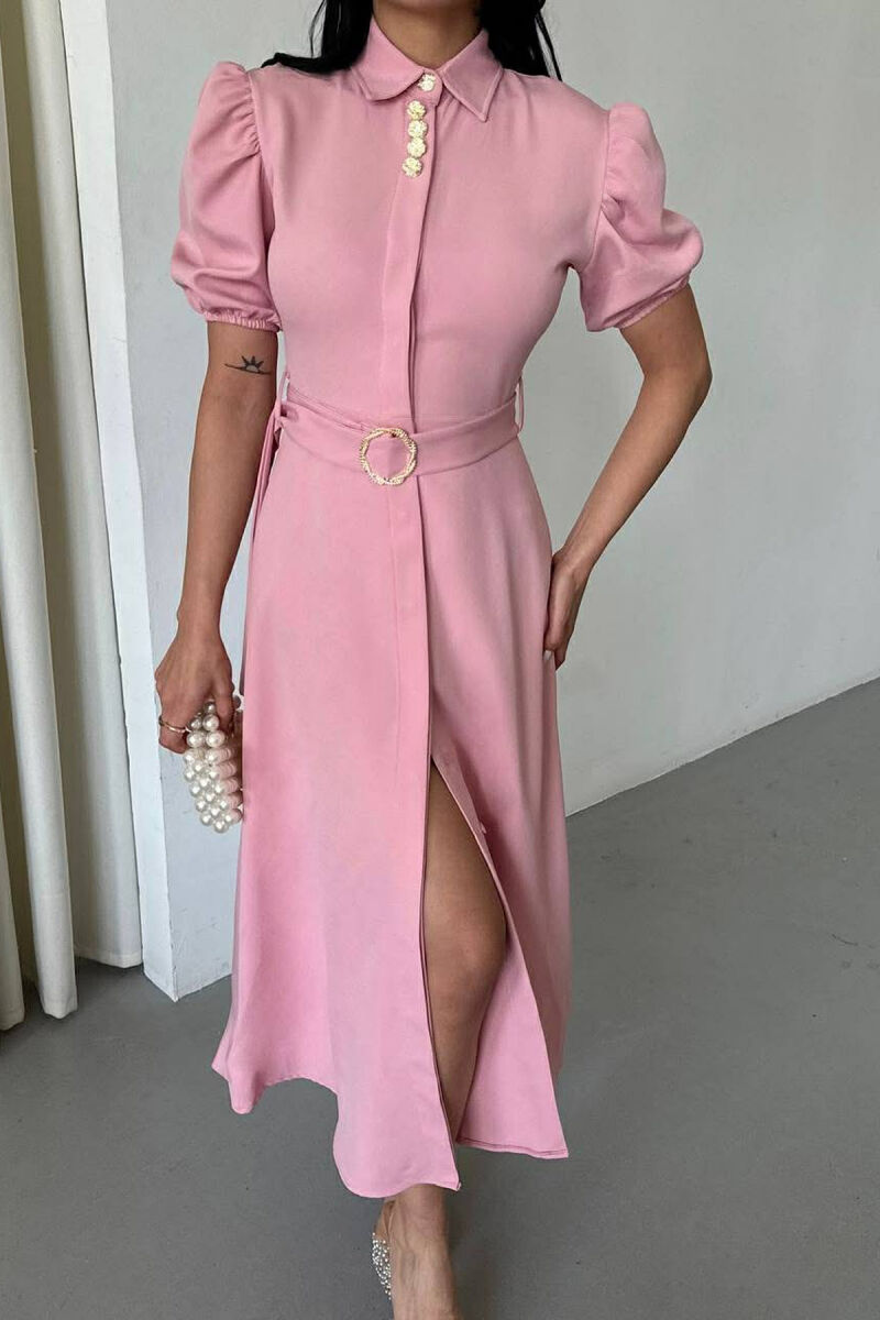 ONE COLOR LACING BELT POLO NECK WOMEN DRESS POWDER/PUDER - 3