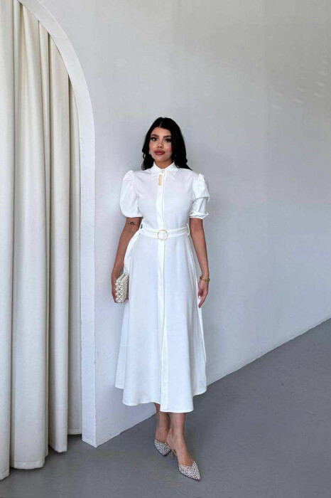 ONE COLOR LACING BELT POLO NECK WOMEN DRESS WHITE-E BARDHE 