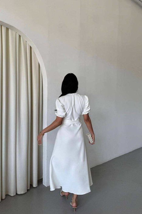 ONE COLOR LACING BELT POLO NECK WOMEN DRESS WHITE-E BARDHE - 2