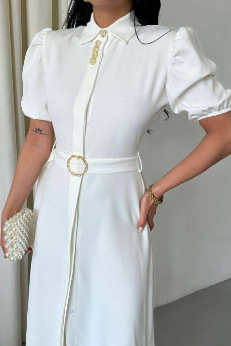 ONE COLOR LACING BELT POLO NECK WOMEN DRESS WHITE-E BARDHE - 4