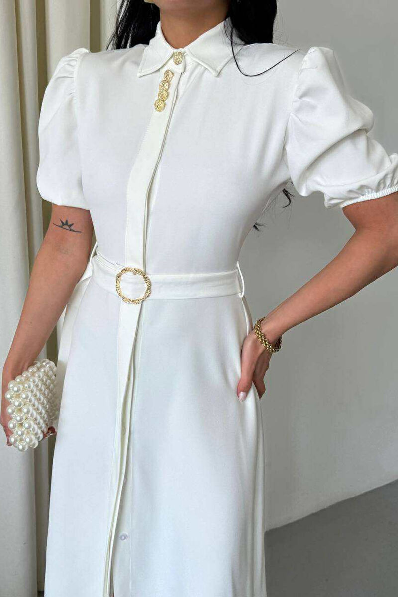 ONE COLOR LACING BELT POLO NECK WOMEN DRESS WHITE-E BARDHE - 4