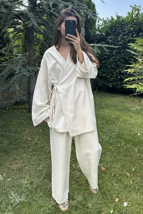 ONE COLOR LACING CARDIGAN+TROUSERS WOMEN SET CREAM/KREM - 2