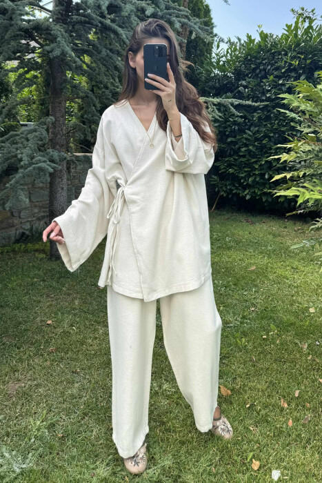 ONE COLOR LACING CARDIGAN+TROUSERS WOMEN SET CREAM/KREM - 3