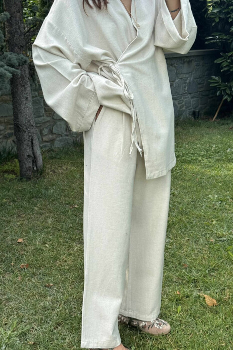 ONE COLOR LACING CARDIGAN+TROUSERS WOMEN SET CREAM/KREM - 4