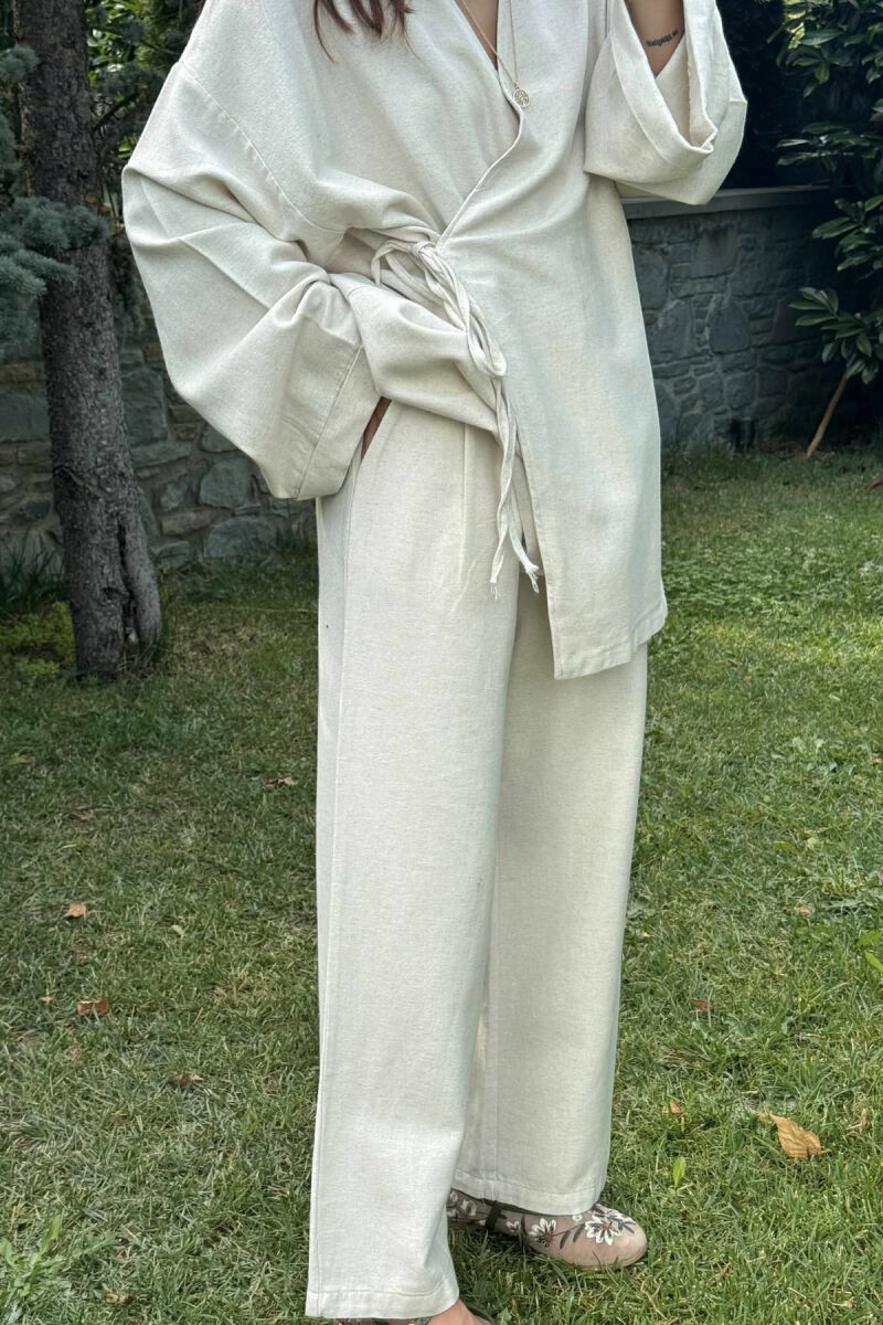 ONE COLOR LACING CARDIGAN+TROUSERS WOMEN SET CREAM/KREM - 4