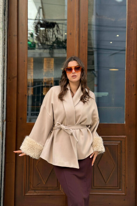 ONE COLOR LACING DETAIL FAUX FUR SLEEVE WOMEN COAT BEIGE/BEZHE - 1