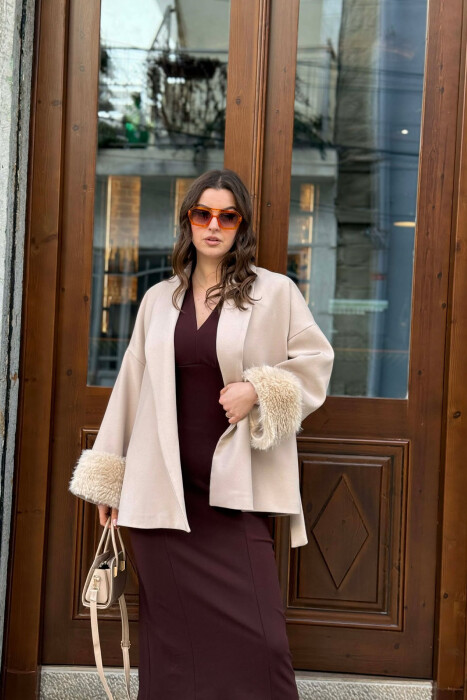 ONE COLOR LACING DETAIL FAUX FUR SLEEVE WOMEN COAT BEIGE/BEZHE - 3