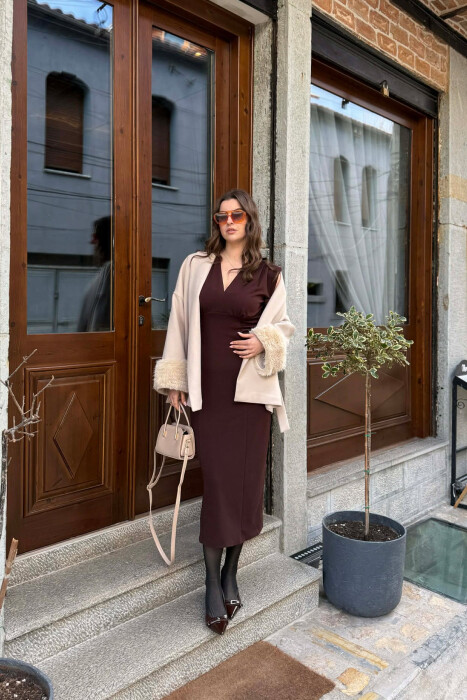 ONE COLOR LACING DETAIL FAUX FUR SLEEVE WOMEN COAT BEIGE/BEZHE - 4