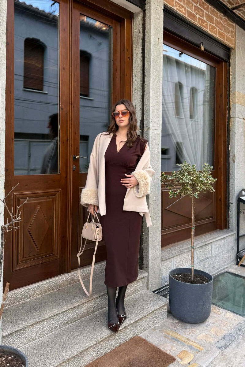 ONE COLOR LACING DETAIL FAUX FUR SLEEVE WOMEN COAT BEIGE/BEZHE - 4