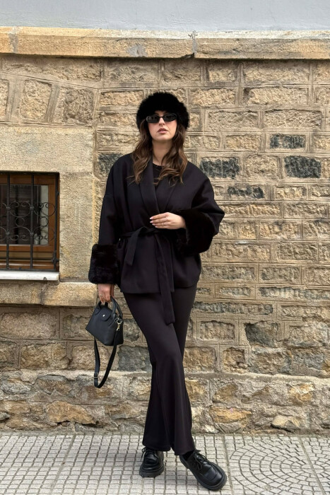 ONE COLOR LACING DETAIL FAUX FUR SLEEVE WOMEN COAT BLACK/ E ZEZE - 2