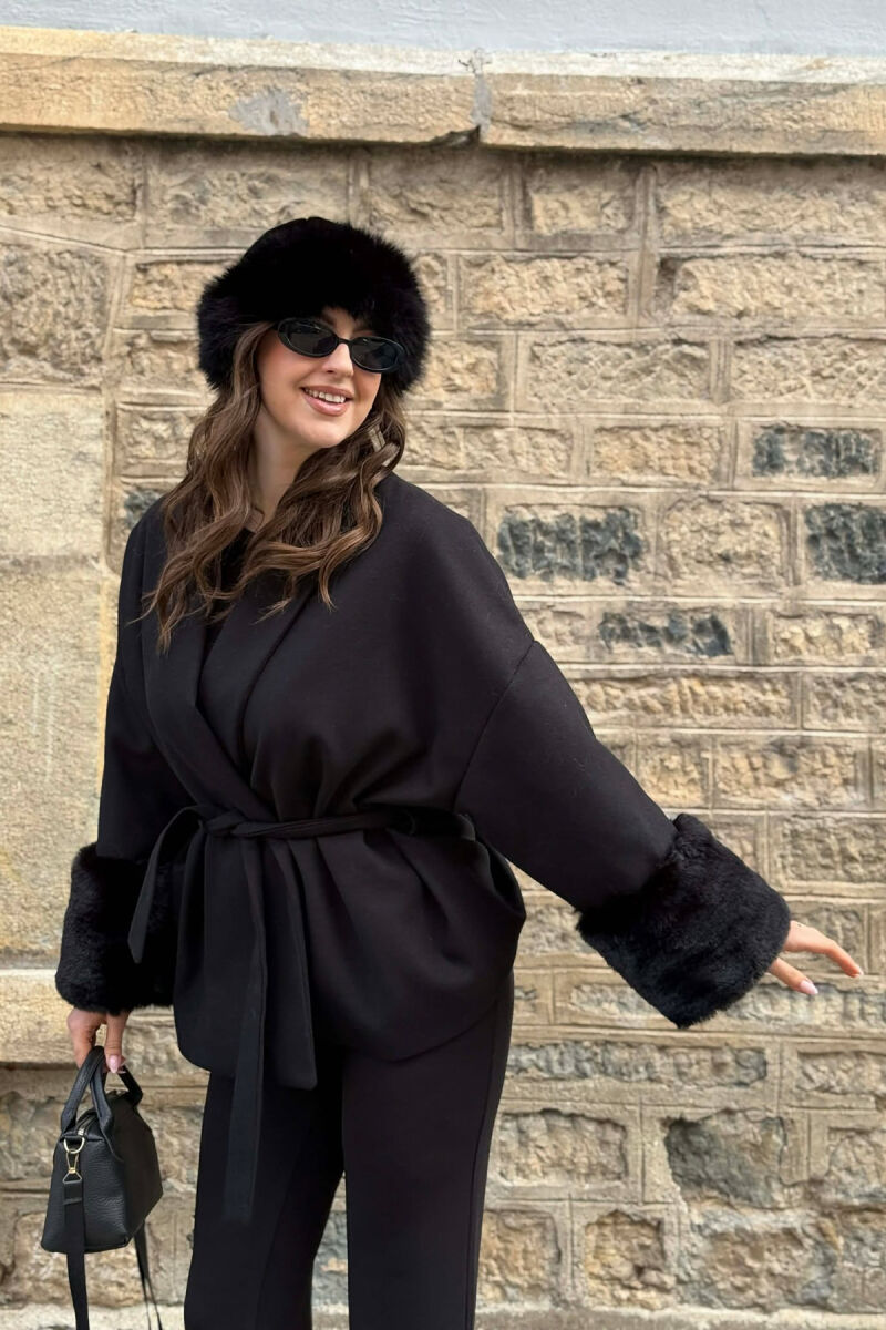 ONE COLOR LACING DETAIL FAUX FUR SLEEVE WOMEN COAT BLACK/ E ZEZE - 3