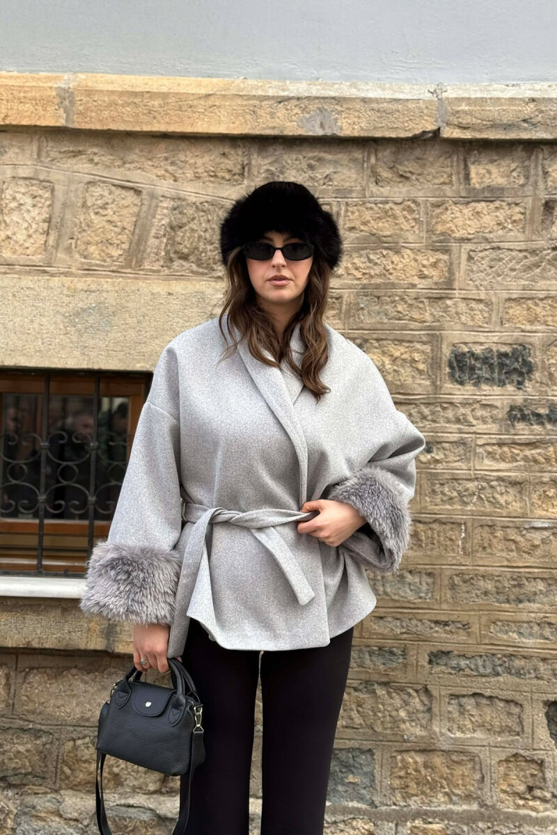 ONE COLOR LACING DETAIL FAUX FUR SLEEVE WOMEN COAT LIGHT GREY/GZ - 2