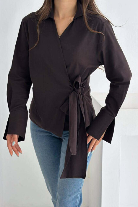 ONE COLOR LACING DETAIL WOMEN SHIRT DARK BROWN/KAE - 1