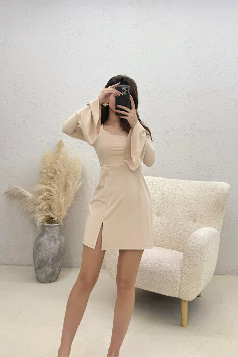 ONE COLOR LACING NECK LONG SLEEVES WOMAN DRESS BEIGE/BEZHE 