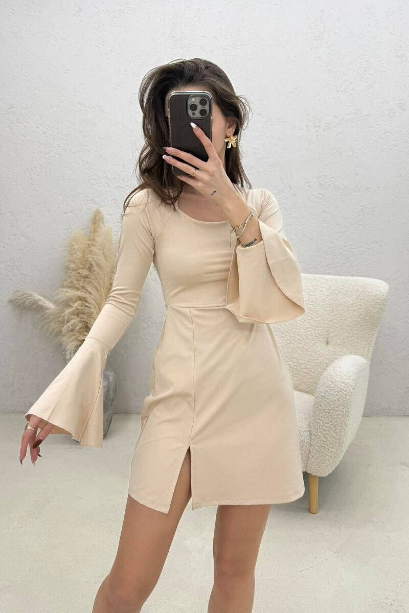 ONE COLOR LACING NECK LONG SLEEVES WOMAN DRESS BEIGE/BEZHE - 2