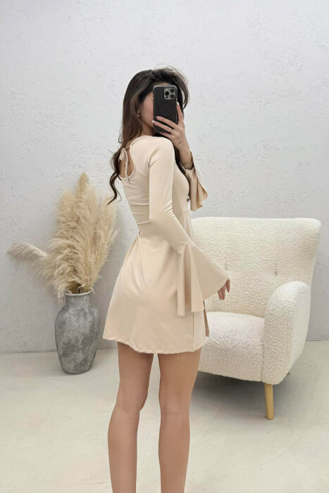 ONE COLOR LACING NECK LONG SLEEVES WOMAN DRESS BEIGE/BEZHE - 3
