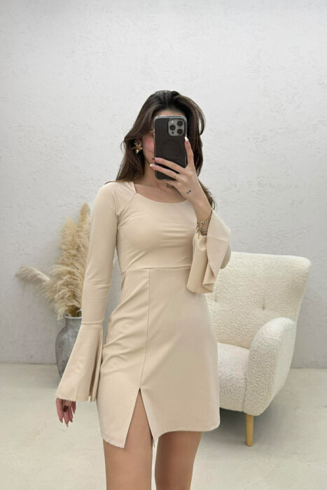 ONE COLOR LACING NECK LONG SLEEVES WOMAN DRESS BEIGE/BEZHE - 4