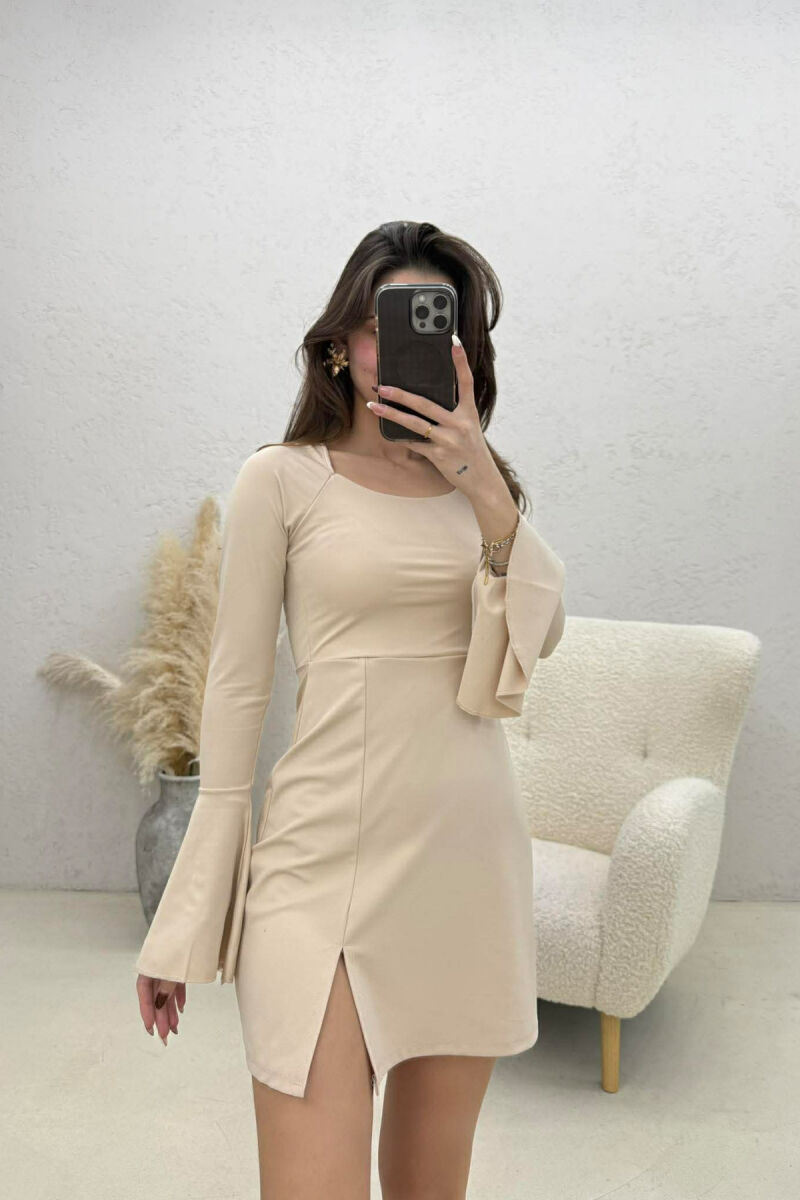 ONE COLOR LACING NECK LONG SLEEVES WOMAN DRESS BEIGE/BEZHE - 4