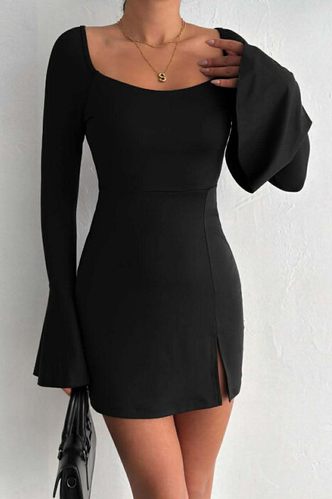 ONE COLOR LACING NECK LONG SLEEVES WOMAN DRESS BLACK/ E ZEZE 