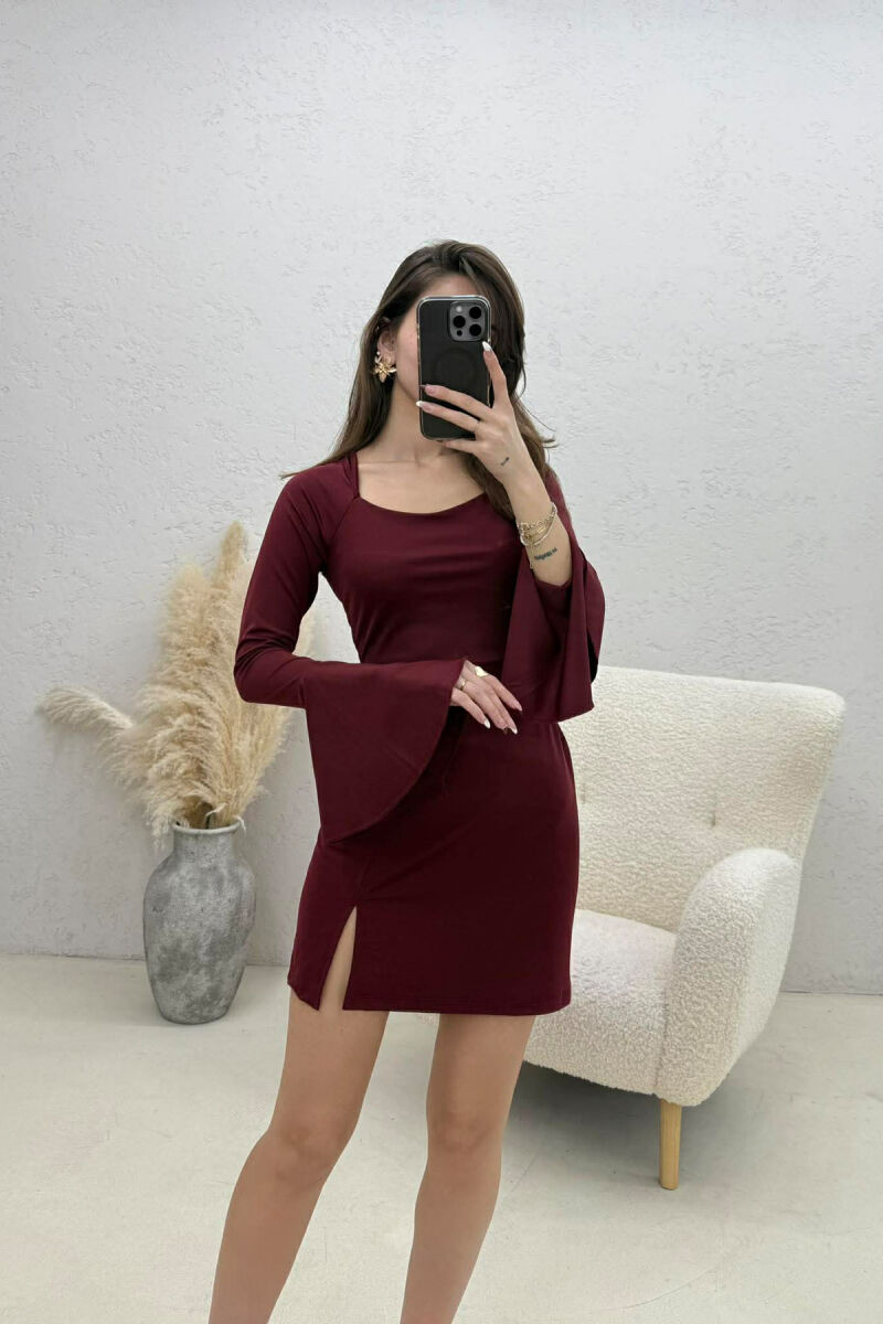 ONE COLOR LACING NECK LONG SLEEVES WOMAN DRESS BURGUNDY/VISHNJE - 3