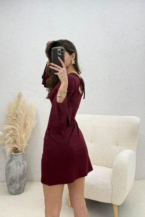 ONE COLOR LACING NECK LONG SLEEVES WOMAN DRESS BURGUNDY/VISHNJE - 4