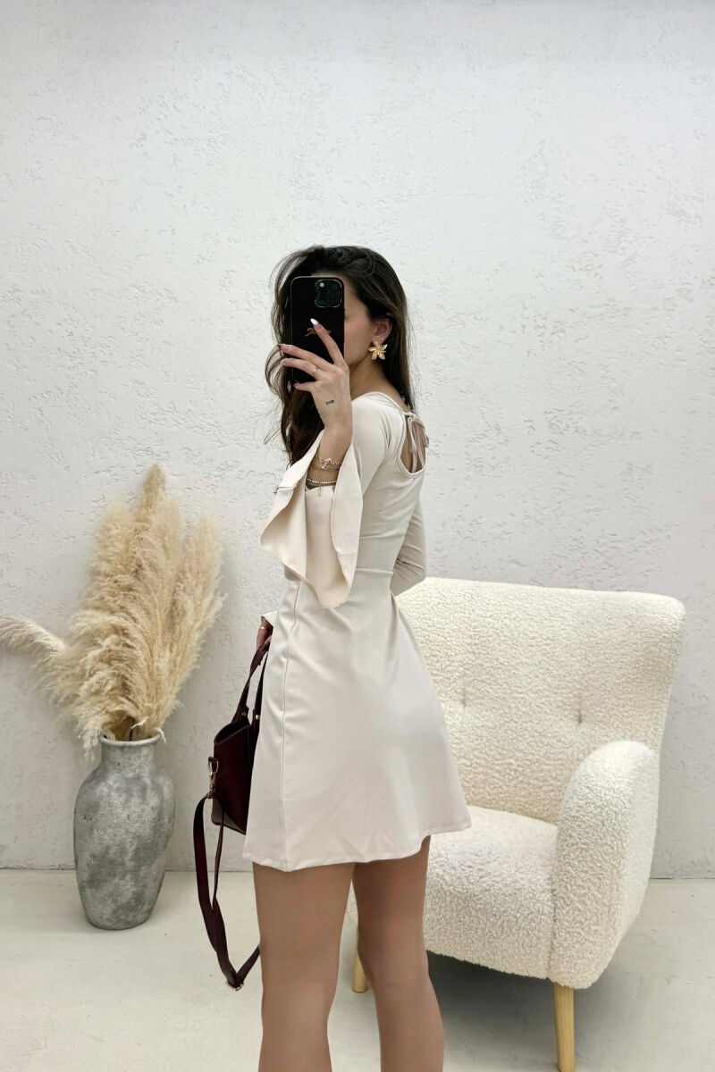 ONE COLOR LACING NECK LONG SLEEVES WOMAN DRESS CREAM/KREM - 2