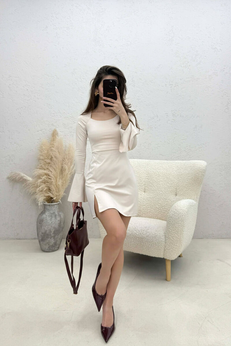 ONE COLOR LACING NECK LONG SLEEVES WOMAN DRESS CREAM/KREM - 3