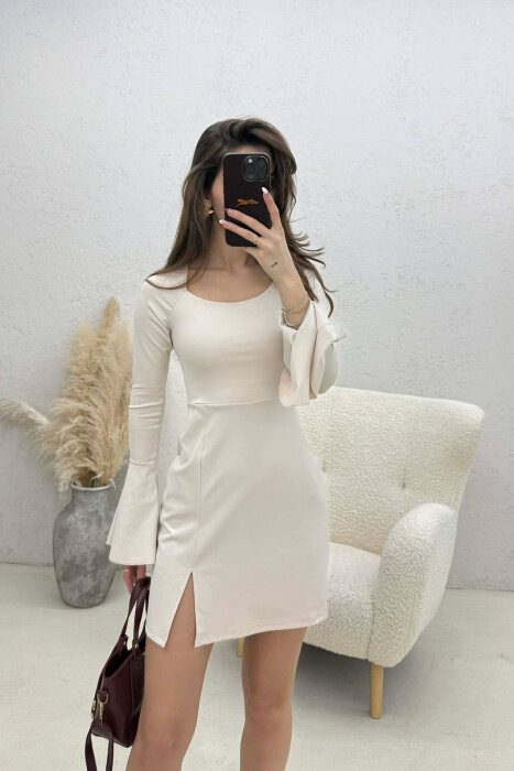ONE COLOR LACING NECK LONG SLEEVES WOMAN DRESS CREAM/KREM - 4