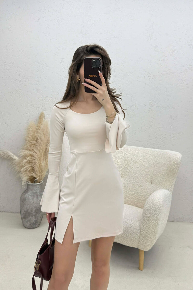 ONE COLOR LACING NECK LONG SLEEVES WOMAN DRESS CREAM/KREM - 4
