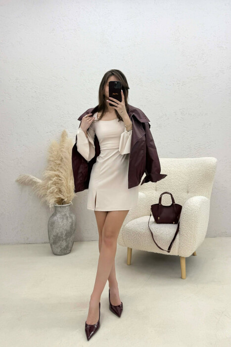 ONE COLOR LACING NECK LONG SLEEVES WOMAN DRESS CREAM/KREM - 5