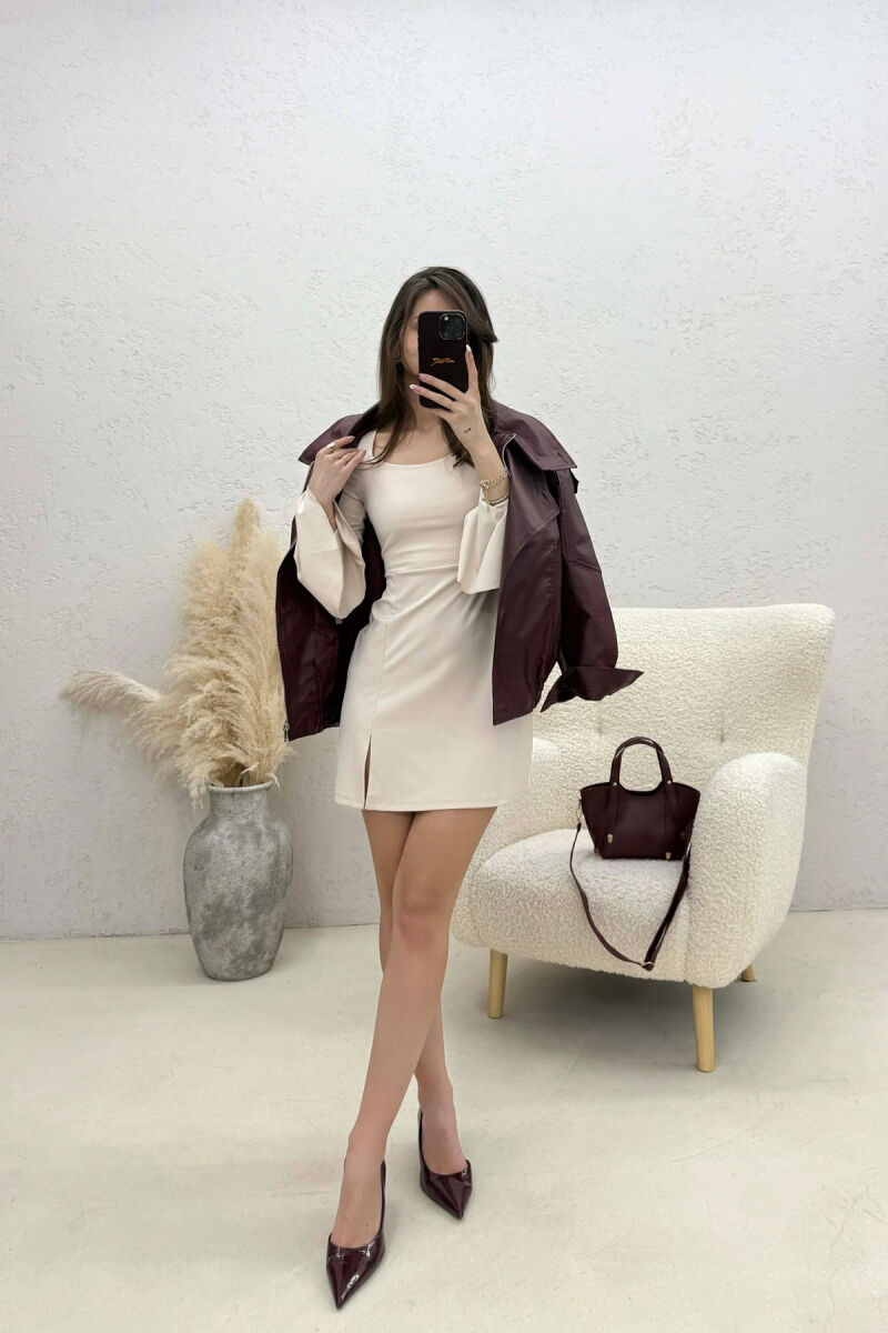 ONE COLOR LACING NECK LONG SLEEVES WOMAN DRESS CREAM/KREM - 5