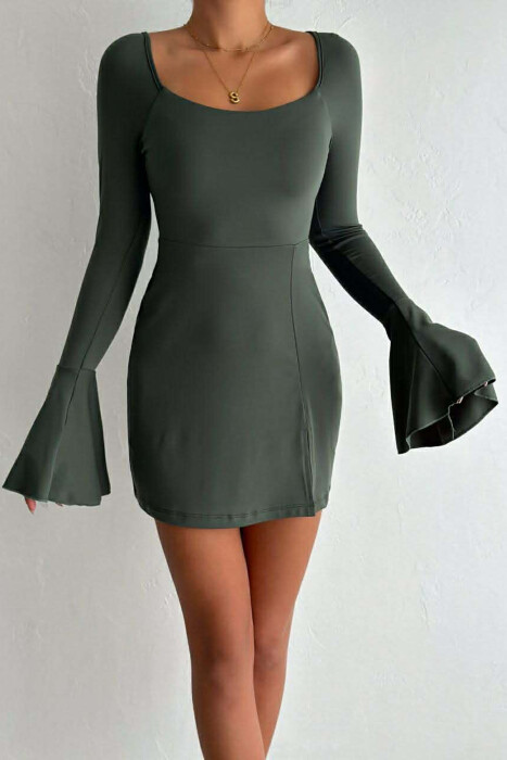 ONE COLOR LACING NECK LONG SLEEVES WOMAN DRESS GREEN/JESHILE 