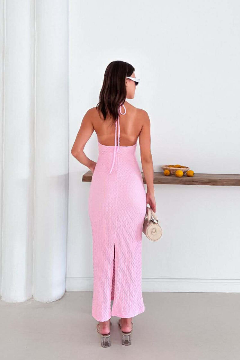 ONE COLOR LACING NECK WOMEN DRESS PINK/ROZE - 2