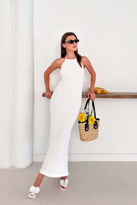 ONE COLOR LACING NECK WOMEN DRESS WHITE-E BARDHE 