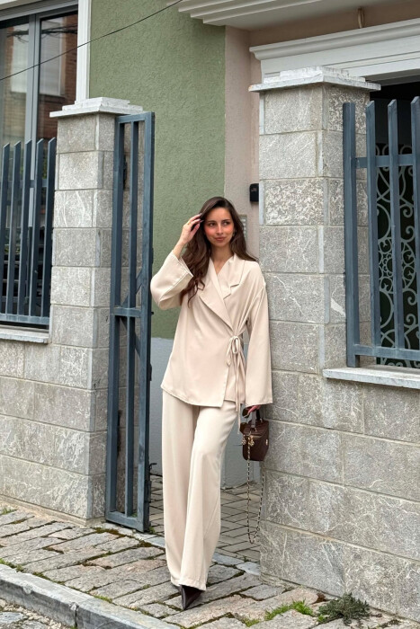 ONE COLOR LACING SHIRT + TROUSERS WOMAN SET CREAM/KREM - KLAUDIO FASHION