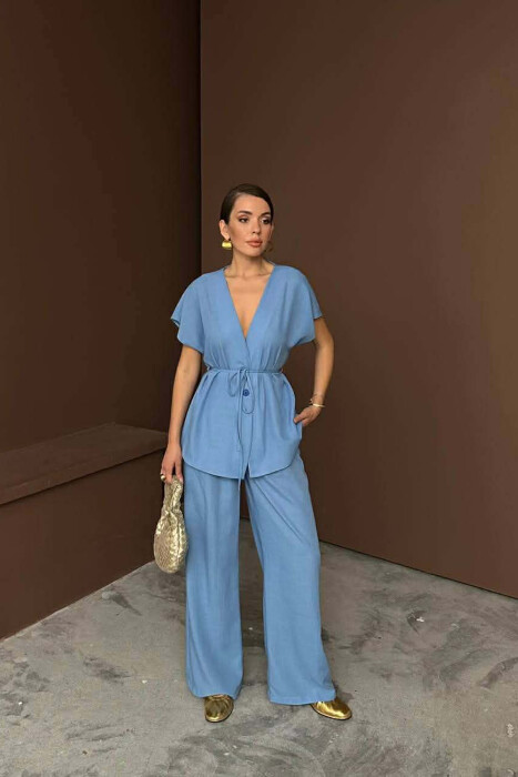 ONE COLOR LACING SHORT SLEEVE SHIRT + TROUSERS WOMEN SET BLUE/BLU 