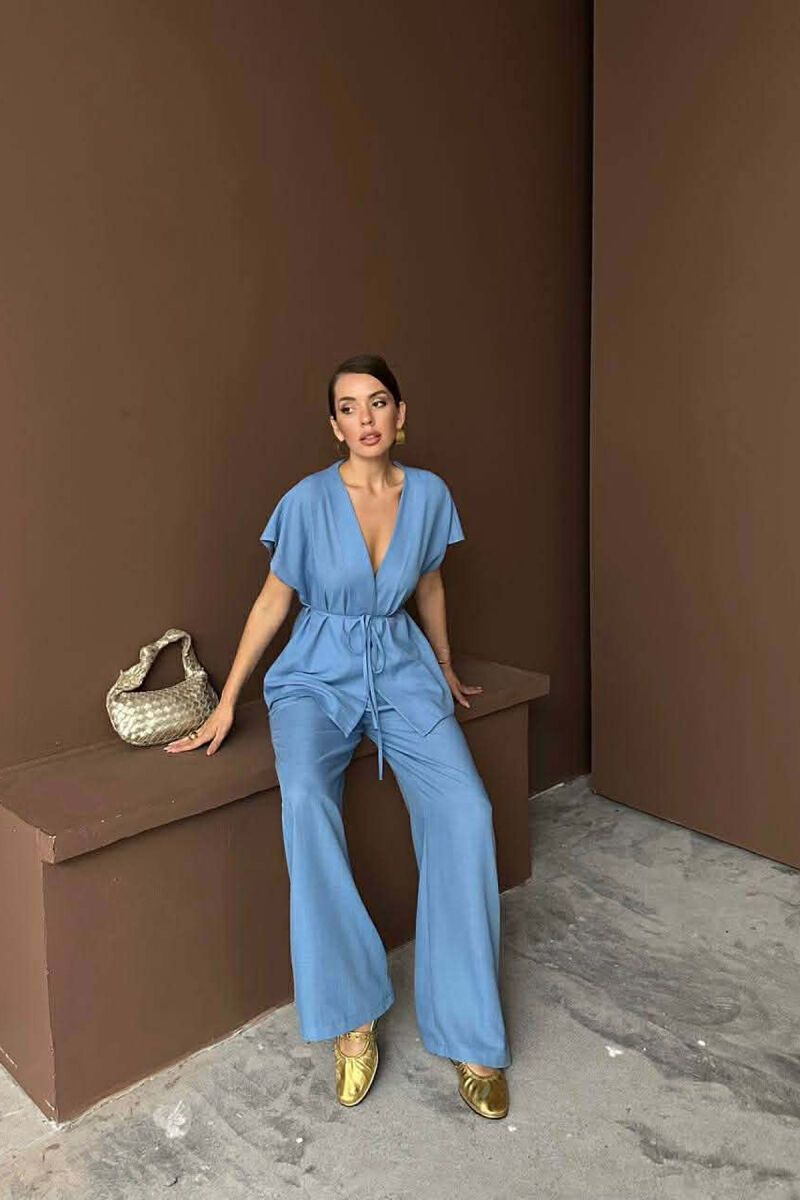 ONE COLOR LACING SHORT SLEEVE SHIRT + TROUSERS WOMEN SET BLUE/BLU - 2