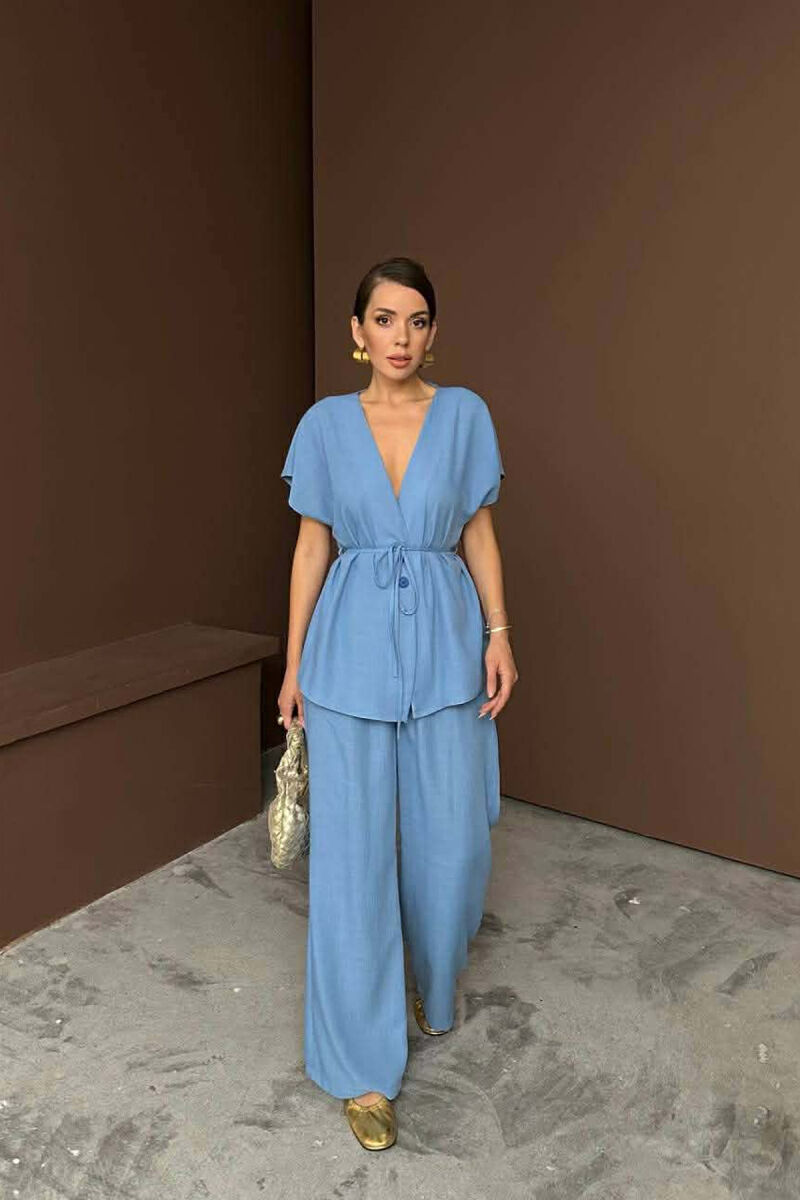 ONE COLOR LACING SHORT SLEEVE SHIRT + TROUSERS WOMEN SET BLUE/BLU - 3