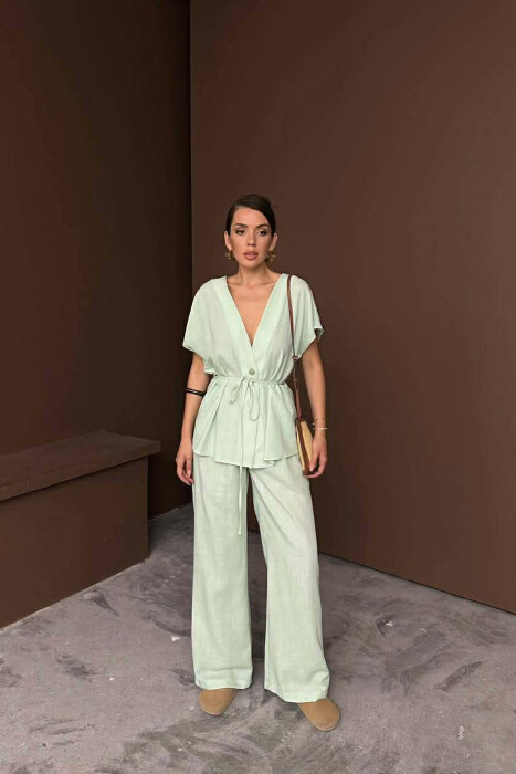 ONE COLOR LACING SHORT SLEEVE SHIRT + TROUSERS WOMEN SET MINT/MENTE 