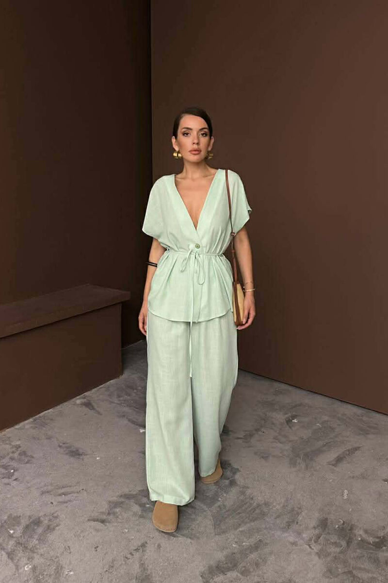 ONE COLOR LACING SHORT SLEEVE SHIRT + TROUSERS WOMEN SET MINT/MENTE - 2
