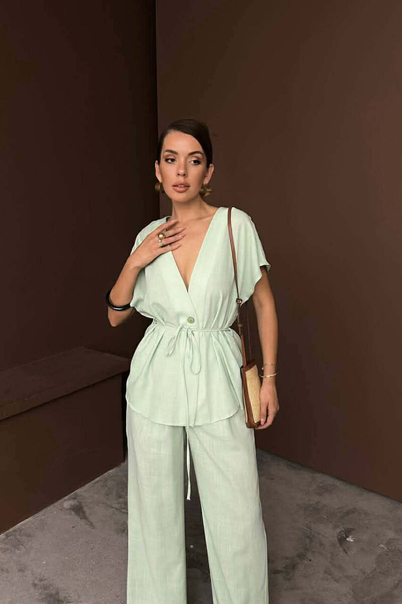 ONE COLOR LACING SHORT SLEEVE SHIRT + TROUSERS WOMEN SET MINT/MENTE - 3