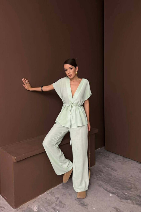 ONE COLOR LACING SHORT SLEEVE SHIRT + TROUSERS WOMEN SET MINT/MENTE - 4