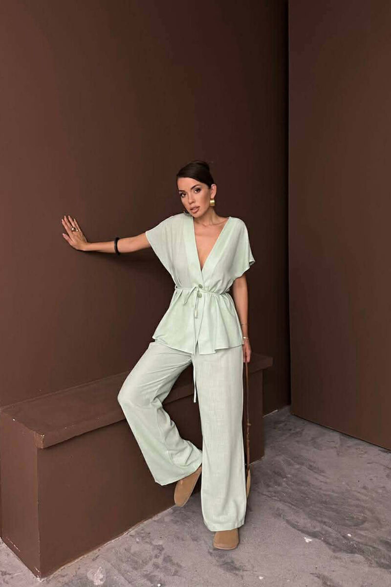 ONE COLOR LACING SHORT SLEEVE SHIRT + TROUSERS WOMEN SET MINT/MENTE - 4