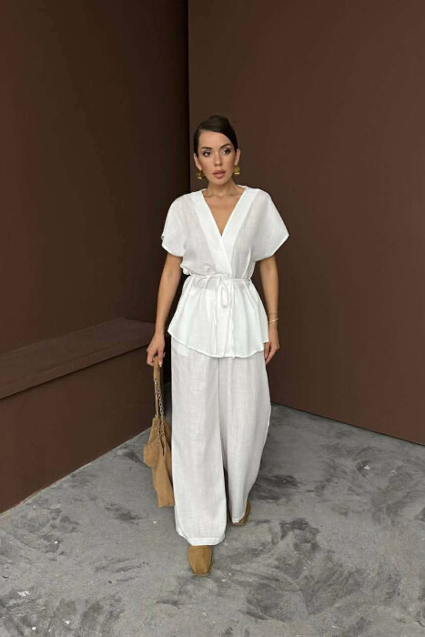 ONE COLOR LACING SHORT SLEEVE SHIRT + TROUSERS WOMEN SET WHITE-E BARDHE - 