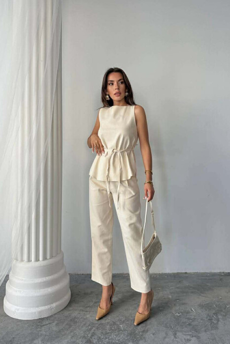 ONE COLOR LACING VEST+TROUSERS WOMEN SET CREAM/KREM - 