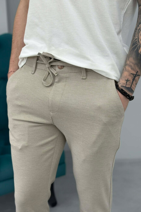 ONE COLOR LACING WAIST SIMPLE MEN PANTS BEIGE/BEZHE - 3