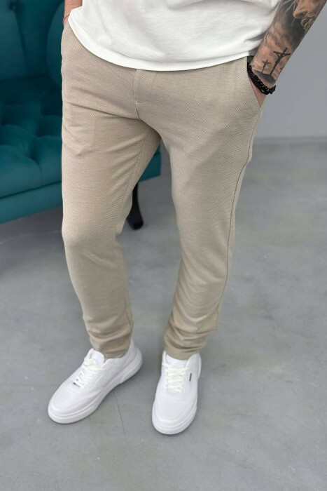 ONE COLOR LACING WAIST SIMPLE MEN PANTS BEIGE/BEZHE - 4