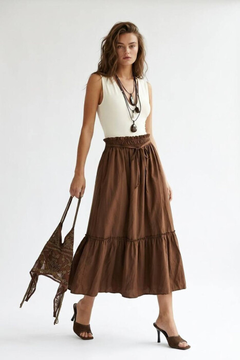 ONE COLOR LACING WAIST WOMAN SKIRT BROWN/KAFE - 
