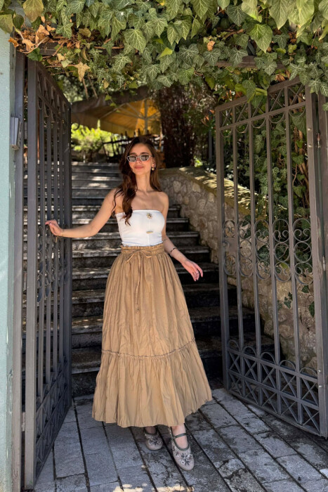 ONE COLOR LACING WAIST WOMAN SKIRT LIGHT BROWN/KAZB - 