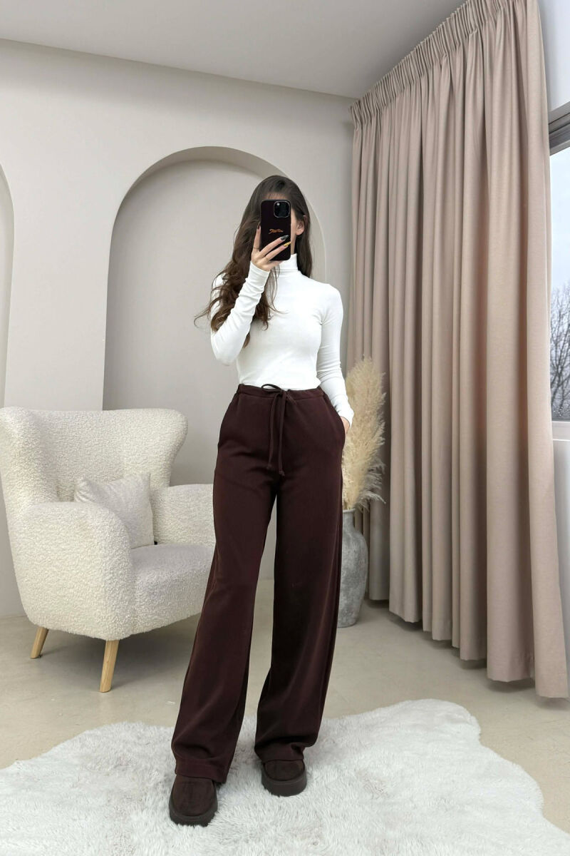 ONE COLOR LACING WAIST WOMEN TROUSERS BROWN/KAFE - 3